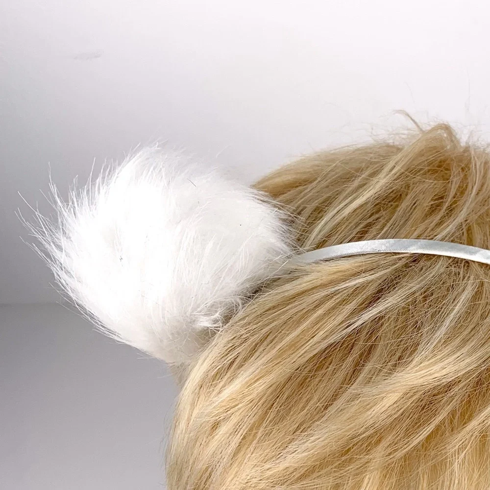 Pom pom headband white satin covered band with faux fur pom NWT
